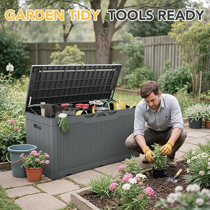 Greesum 100 Gallon Resin Deck Box Lockable Large Outdoor Storage Boxes for Garden Tools, Patio Furniture Cushions, Pool Supplies, Gray