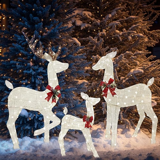 Joiedomi 3 Packs Christmas Decoration Deer Family, 360 Warm White LED Lighted Reindeers Yard Lights, Christmas Outdoor Decorations for Yard Garden Lawn, Xmas Decor, White Deer
