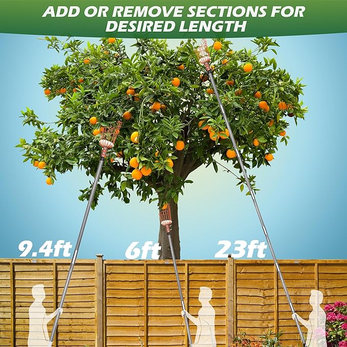 Walensee 23FT Fruit Picker, Adjustable Fruits Picker Tool with Fiberglass Pole, Big Basket and Storage Bag, Fruit Catcher Equipment Tree Picker for Lemons Apples Mango Orange Avocados Fruit Picking