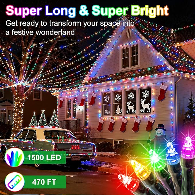 1500 LED 470FT Christmas String Lights Outdoor, 12 Modes and Timer Memory Dimmable, Plug in Waterproof Dark Green Wire Twinkle Light for for Xmas Yard Tree Wedding Party Halloween Decor (Multicolor)