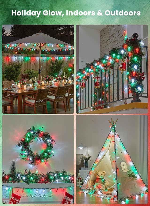 C9 LED Christmas Lights Outdoor, 81 Feet 100 LED String Lights with Timer & 8 Light Mode, Waterproof Connectable Christmas Tree Lights for Outside Indoor Roofline Patio Decor, Red, Green & Pure White