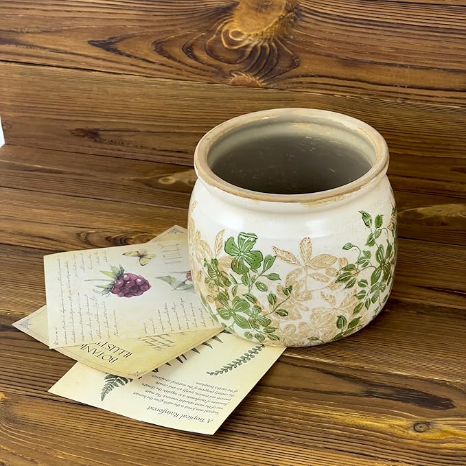 Vintage Ceramic Ice Crack Flower Pot with Drainage Holes, Country Rustic Planters for Indoor and Outdoor,Tuscan Decor,Home,Living Room, Garden Decor, Gardening Gift (Classic)