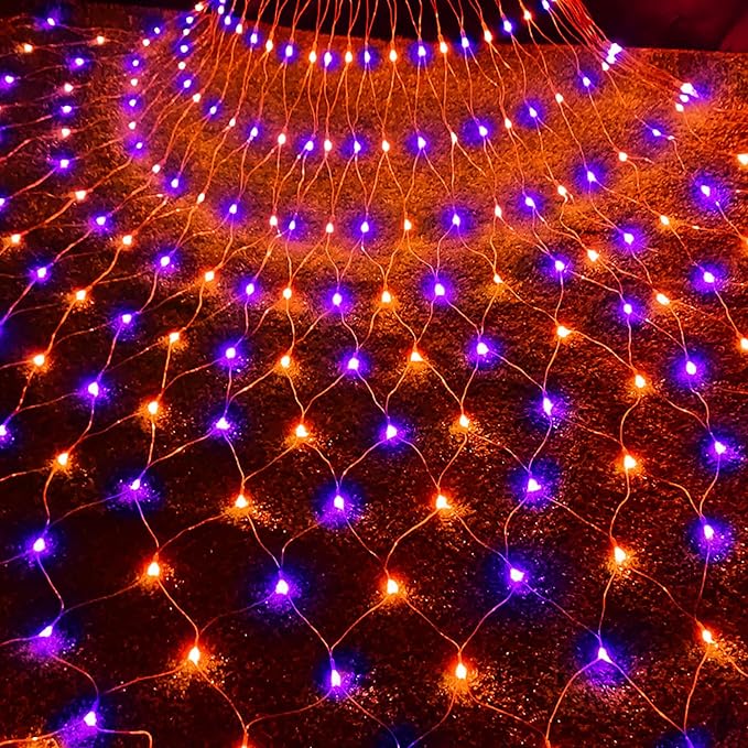 Dazzle Bright Halloween 200 LED Net Lights, 9.8 FT x 6.6 FT Connectable Mesh Lights Clear Wire with 8 Lighting Modes, Halloween Decorations for Indoor Outdoor Bush Yard Garden Decor (Purple & Orange)