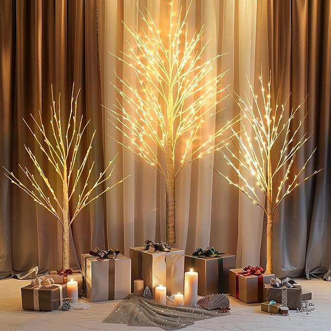 Dazzle Bright 3 Pack Light up Birch Tree, 4FT 96 LED/ 6FT 120 LED/ 8FT 240 LEDs Pre lit Birch Christmas Tree for Xmas Indoor Outdoor Home Party Garden Decor