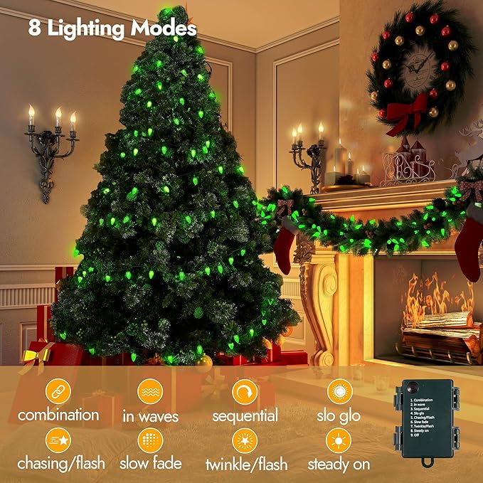 WBao C6 100 LED 33ft Battery Operated Christmas String Lights with 8 Modes, Timer, Waterproof Design for Indoor Outdoor Christmas Trees, Fence, Stairs Xmas Decorations, Green