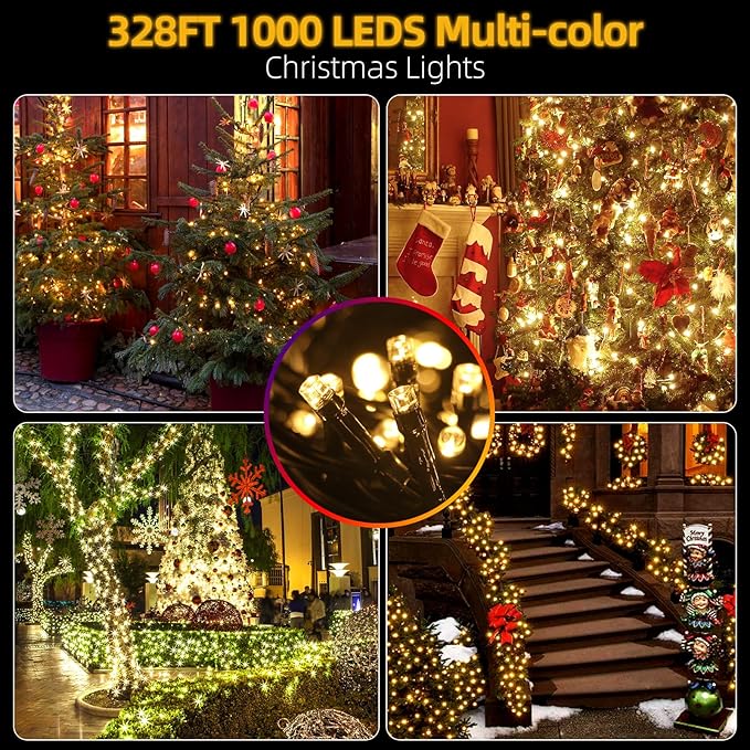 328FT 1000LEDs Christmas Lights Outdoor Indoor 8 Modes for Christmas Tree Party Decoration, 100% UL Listed (Warm White)