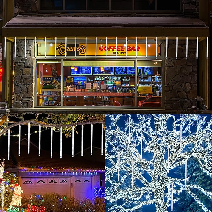 LJLNION Meteor Shower Icicle Lights, 12 Inch Outdoor Snow Falling Raindrop Lights, 8 Tubes 288 LED Xmas Wedding Party Tree Holiday Decor, White