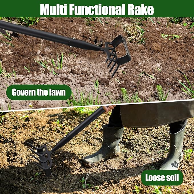 2-in-1 Garden Hoe Tool, Adjustable Length from 37 to 72inch, Ergonomic Design for Weeding and Raking, Durable and Rust-Proof Blade, Save Time and Effort