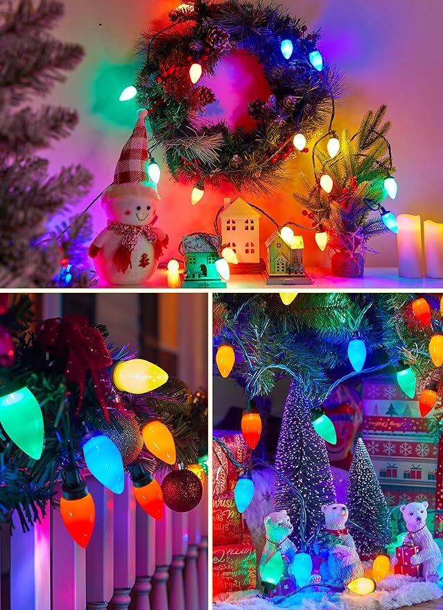 C9 Christmas Lights Outdoor Waterproof, 81 Feet 100 LED C9 String Lights with Timer & 8 Light Mode, Connectable Christmas Tree Lights for Indoor Outside Roofline Patio Decorations, Multicolor