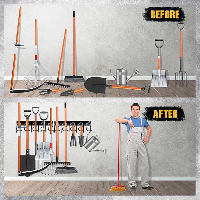 ELEAD 68'' All Metal Adjustable Garden Tool Organizer: Garage Tool Organizer Wall Mount with Black Hooks, Garage Organizers and Storage, Tool Hangers for Shed