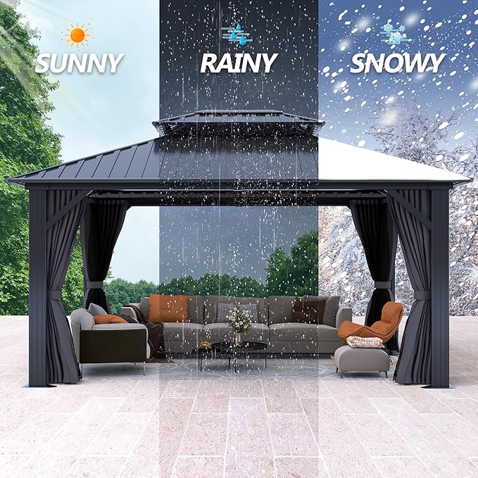 12'x14' Hardtop Gazebo, Outdoor Double Roof Galvanized Steel Gazebos, Aluminum Frame Permanent Pavilion with Curtains & Netting for Backyard, Patio, Deck