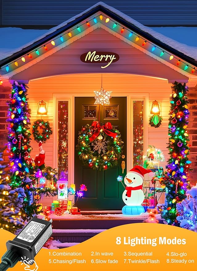 C9 Christmas Lights Outdoor Waterproof, 81 Feet 100 LED C9 String Lights with Timer & 8 Light Mode, Connectable Christmas Tree Lights for Indoor Outside Roofline Patio Decorations, Multicolor
