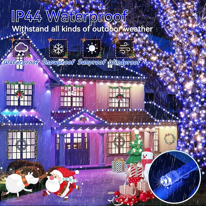 Hezbjiti 2 Pack 1000 LED 403 FT Christmas String Lights Outdoor, 8 Lighting Modes IP44 Waterproof Fairy Lights with Timer and Dimmable Function for Party Tree Decorations (Blue+White, Clear Wire)
