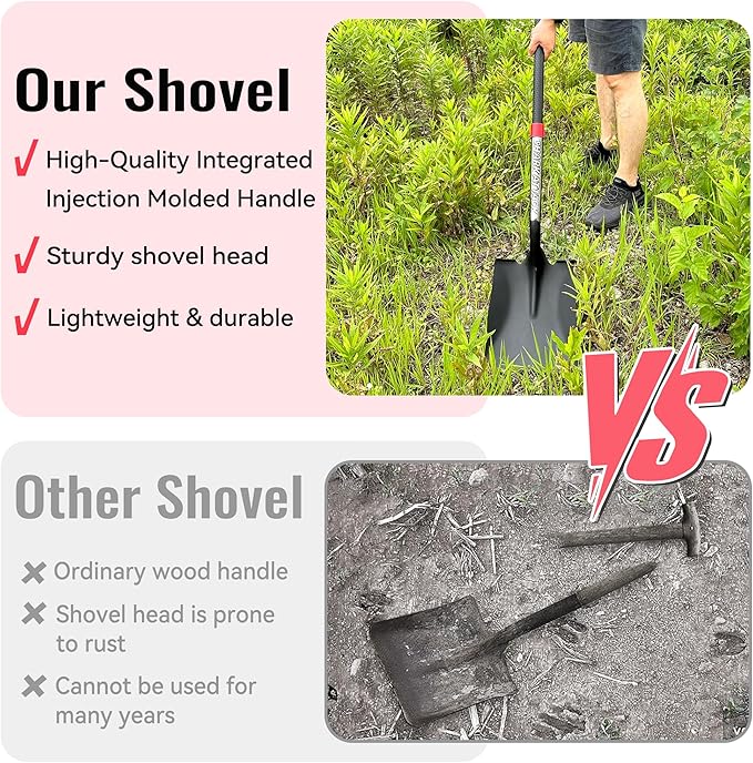SHARK ATTACK Heavy Duty Garden Shovel, 56.7 Inch Square Head Spade Shovel with Powder Coated Steel & Non-Slip Grip for Gardening, Land Management, Yard Work, Farming and Outdoors