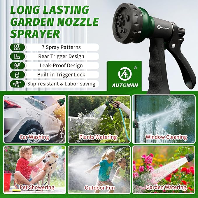 AUTOMAN Garden Hose Nozzle, 2 Pack Water Sprayer Nozzle with 7 Adjustable Watering Patterns,Slip Resistant Nozzle for Plants,Lawn,Washing Cars,Window Cleaning,Showering Pets & Outdoor Fun