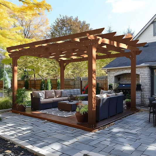 BlueWish 10' x 12' Patio Pergola, Cedar Wood Pergolas with Solid Structure, Pergola Kits, Outdoor Pergolas and Gazebos with Slatted Trellis Roof for Deck Backyard Grill Party Garden