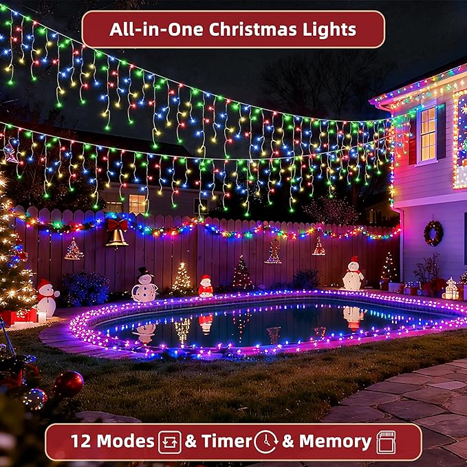 612 LED 60ft Christmas Lights with 136 Drops, 12 Lighting Modes Multicolor Christmas Decoration Twinkling Lights Dimmable, Timer Outdoor Waterproof Fairy Lights for Indoor Garden House Eaves Roof