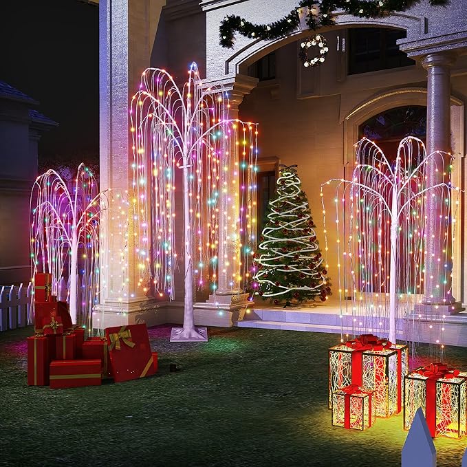 Lamerge 3pcs Lighted Willow Tree Decorations,4FT+5FT+6FT Colorful Birch Tree RGB LED Trees with Remote,Weeping Willow Tree Indoor/Outdoor Lighted Christmas Tree Decorations for Yard