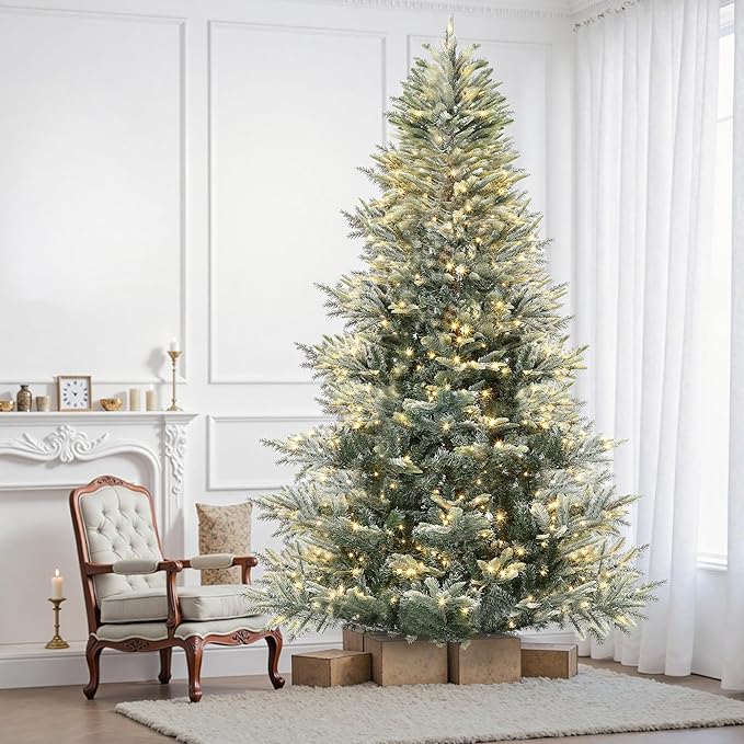 7.5ft Pre-lit Artificial Christmas Tree with Incandescent Warm White Lights, Snow Flocked Full Prelighted Xmas Tree Automatic Branch Tips, UL Listed Lights & Foldable Stand, Green & White
