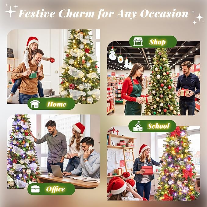 7.5ft Prelit Rotating Artificial Pencil Slim Christmas Tree with Remote Timer & Dimmer, Multi-Color LED Lights, PE & PVC Branches for Holiday Decor