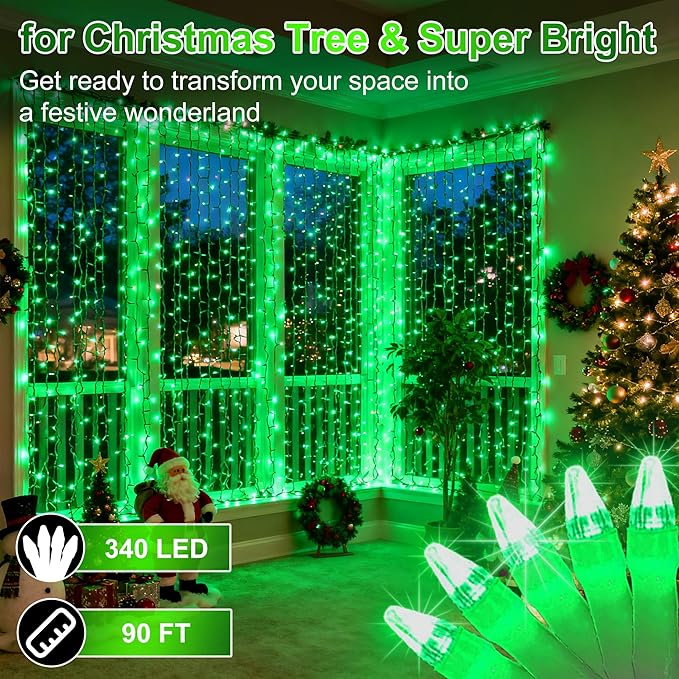 340 LED 90FT Christmas String Lights Outdoor, 12 Pro Modes and Timer Memory & Brightness, Plug in Outdoor Waterproof Clear Wire Twinkle Light for for Xmas Yard Tree Wedding Party Decor (Green)