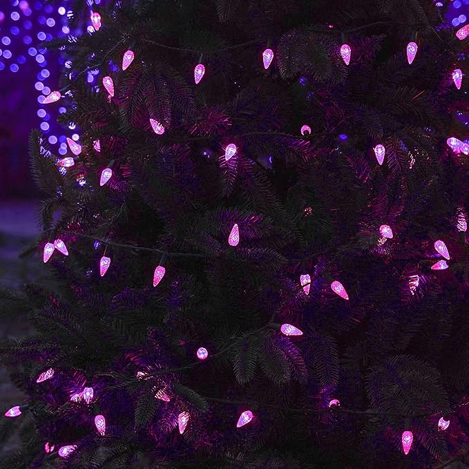 WATERGLIDE Halloween C6 String Lights, 33ft 100 LED Black Wire Fairy Lights with 29V Safe Adaptor, 8 Lighting Mode, Waterproof for Indoor Outdoor Patio Xmas Tree Party Decor, Purple
