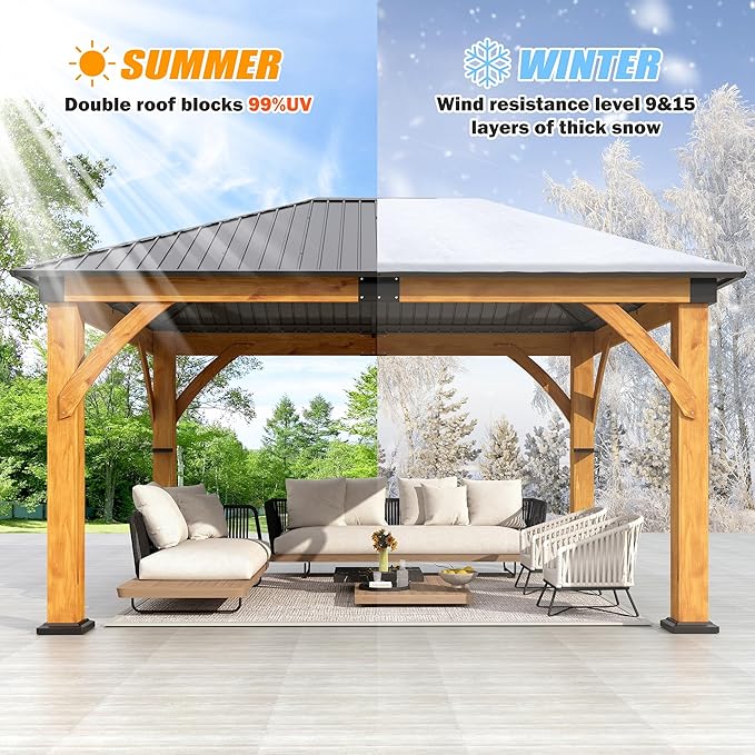 13'x15' Wood Gazebo, Spruce Wood Hardtop Gazebo with 2 Storage Shelves, Galvanized Steel Roof Outdoor Wooden Pavilion for Deck, Garden, Backyard