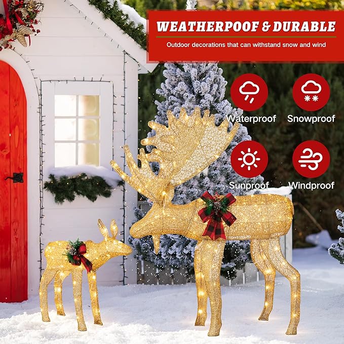 Vongrasig 2-Piece 3D Lighted Christmas Reindeer Family, Pre-Lit Gold Christmas Decor Deer with 170 Warm White LED Lights, Outdoor/Indoor Festive Holiday Decoration for Yard Patio Lawn Garden Party