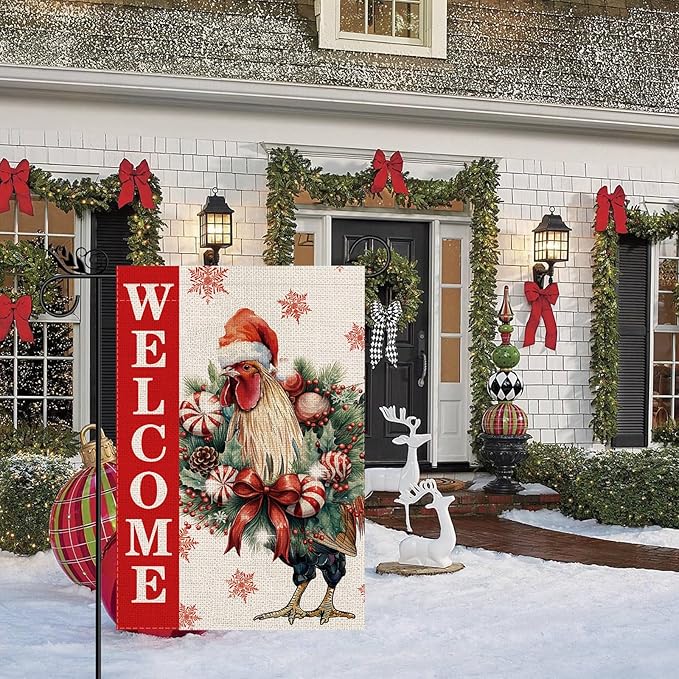 Christmas Garden Flag Welcome Xmas Chicken Winter Holiday Decorations Burlap Vertical Double Sided Farmhouse Yard Lawn Outdoor Decor 12.5 x 18 Inch