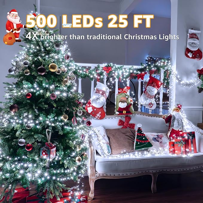 500 LED 25 FT Cluster Lights, White Christmas Tree Lights 8 Modes Timer Remote, Waterproof String Lights for Indoor Outside Garland Xmas Decorations
