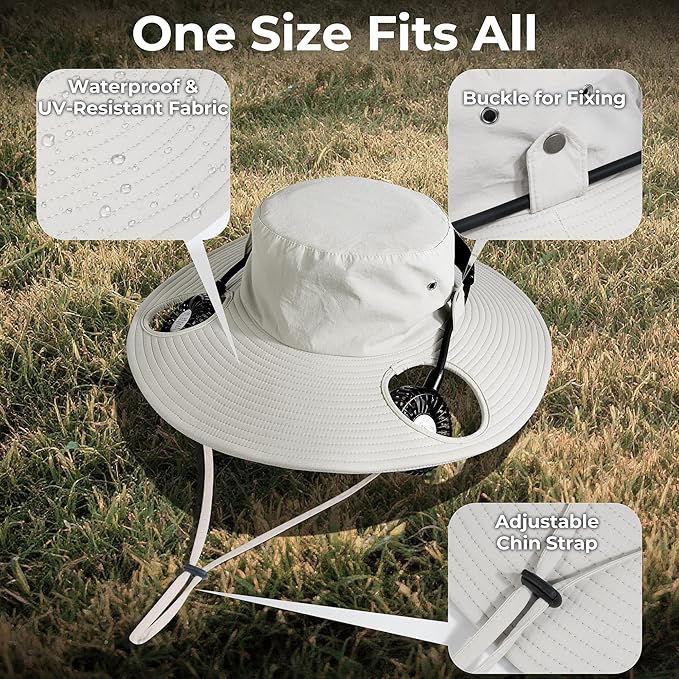 2-in-1 Hands-Free Hat Fan Neck Fan UPF 50+ Wide Brim Sun Hat 16Hrs Running 3-Speed Fishing Essentials for Men Women