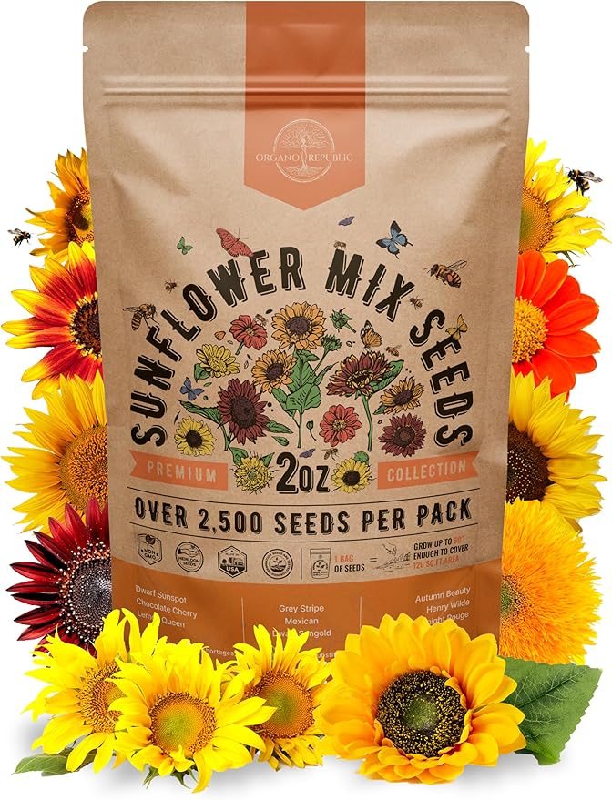 Sunflower Mix Seeds Pack 2 oz - Over 2,500 Non-GMO Heirloom Sunflower Seeds for Planting, Annual Flowers in Individual Seed Packet for Planting Home Garden Indoor & Outdoor Gardening