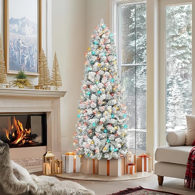 HOLLO STAR 6 ft Flocked Prelit Christmas Tree with 250 LED Lights, App Control, Skinny Artificial Pencil Christmas Tree, Multi-Color RGBW Lights, 770 Branch Tips, for Small Space, Home, Party