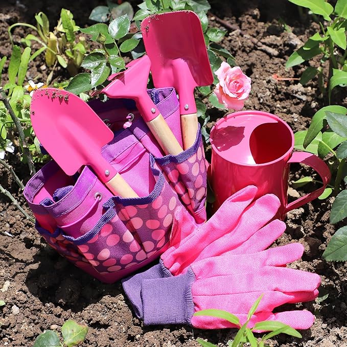 Kids Gardening Tools Set, Toddler Play Kit Child Outdoor Toy with Gloves, Watering Can, Metal Shovel, Rake, Spade & Storage Bag, Backyard Sand Digging Birthday for Boys Girls 3-5 (Pink)
