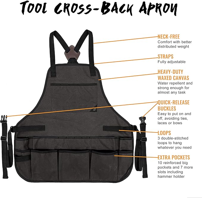 Under NY Sky Tool Apron - 20 Pockets and Slots, Cross-Back, Heavy-Duty Waxed Canvas - Woodwork, Garden, Shop (Grey Cross-Back)