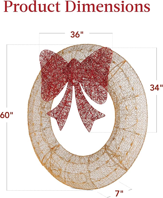 Best Choice Products 60in Pre-Lit Outdoor Christmas Wreath Decoration, LED Metal Holiday Decor for Home Exterior, Garden w/ 206 Lights, Bow - Gold/Red