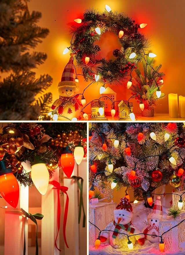 C9 Christmas Lights Outdoor Waterproof, 81 Feet 100 LED String With Timer & 8 Light Mode, Connectable Christmas Tree for Indoor Outside Roofline Patio Decorations, Red & Warm White