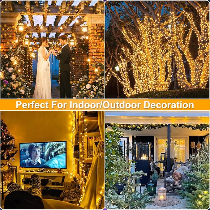 2 Pack Christmas Lights Outdoor, Total 200FT 600LED Christmas Tree Lights with 8 Modes Waterproof, Warm White String Twinkle Lights Green Wire for Indoor Patio Garden Xmas Holiday Decorations