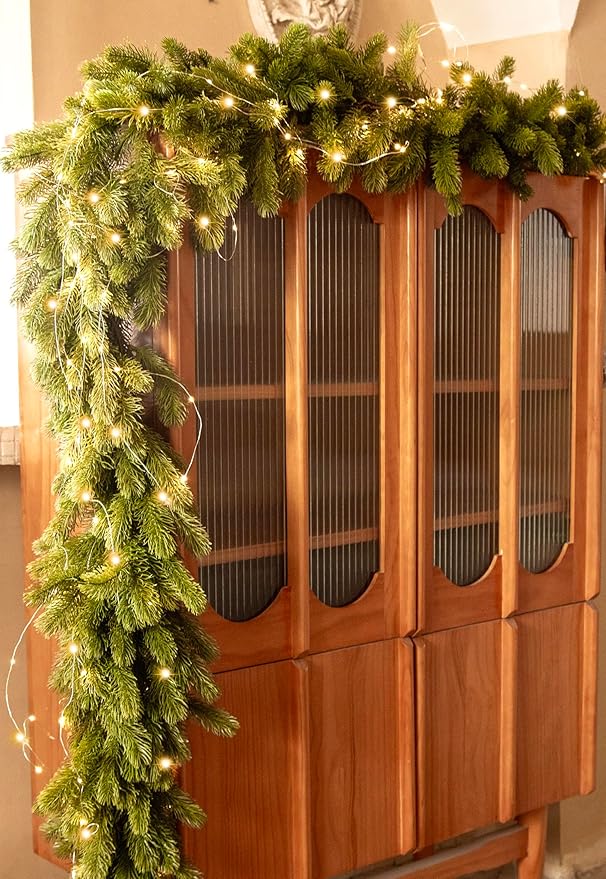 6FT Christmas Garland PARTY JOY Pine Garland with 9.8FT LED String Lights, Greenery Plant for Christmas Decorations Table Mantle Background Wall Room Outdoor Indoor Winter Decoration
