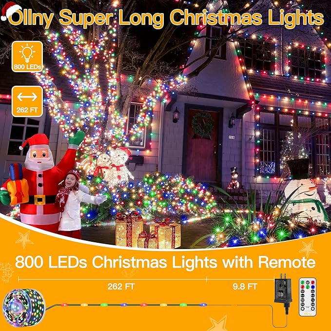Ollny Christmas Lights 800 LED 262FT Plug in, IP67 Waterproof Green Wire Outdoor Christmas Lights with Remote, 8 Modes with Timer String Light for House Indoor Xmas Decorations Multicolored