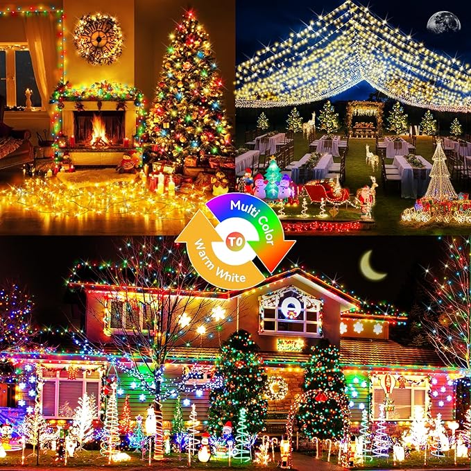 Hezbjiti 403FT 1000LED Color Changing Christmas Lights Outdoor, 11 Modes String Lights IP44 Waterproof Fairy Lights for Party Wedding Tree Decorations (Multicolor to Warm White, Clear Wire)