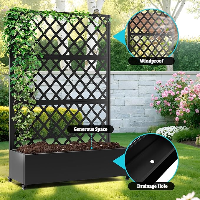 Metal Planter Box with Trellis, Planter Box with Privacy Screen, Privacy Trellis Outdoor for Climbing Plants with Drainage Holes, Raised Garden Bed with Wheels