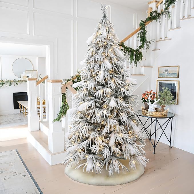 LuxenHome 7.5FT Flocked Artificial Christmas Tree, Downswept Branches Spruce Prelit Christmas Trees with 350 Warm White LED Lights and Feather Accents, 3514 PE+PVC Tips, Xmas Tree Holiday Decor