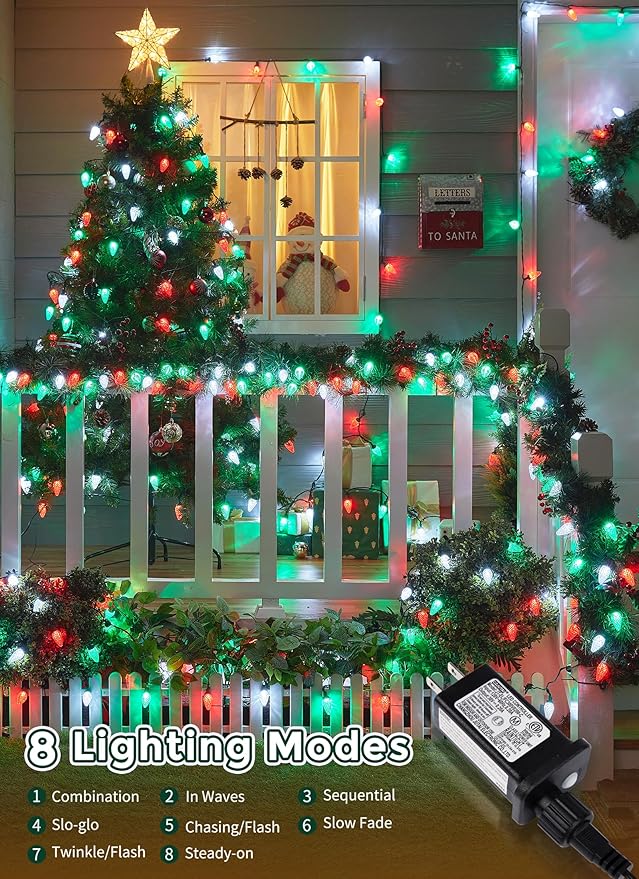 C9 LED Christmas Lights Outdoor, 81 Feet 100 LED String Lights with Timer & 8 Light Mode, Waterproof Connectable Christmas Tree Lights for Outside Indoor Roofline Patio Decor, Red, Green & Pure White