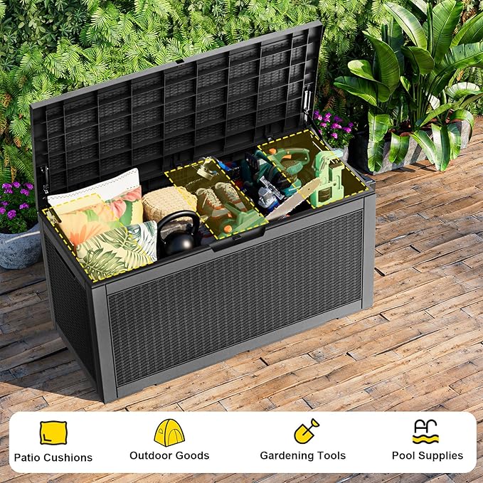 100 Gallon Waterproof Outdoor Storage Box,Resin Deck Box,Lockable Outside Storage Box Container for Patio Furniure,Garden,Tools (100 Gallon,Black)