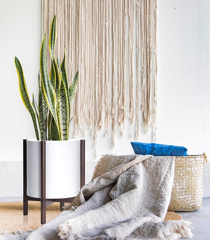 D'vine Dev Planter Pot with Stand - 14 Inch Plastic Cylinder Flower Pot with Wood Planter Holder for Indoor, Matte White Pot + Walnut Color Stand, 55-C-R-1