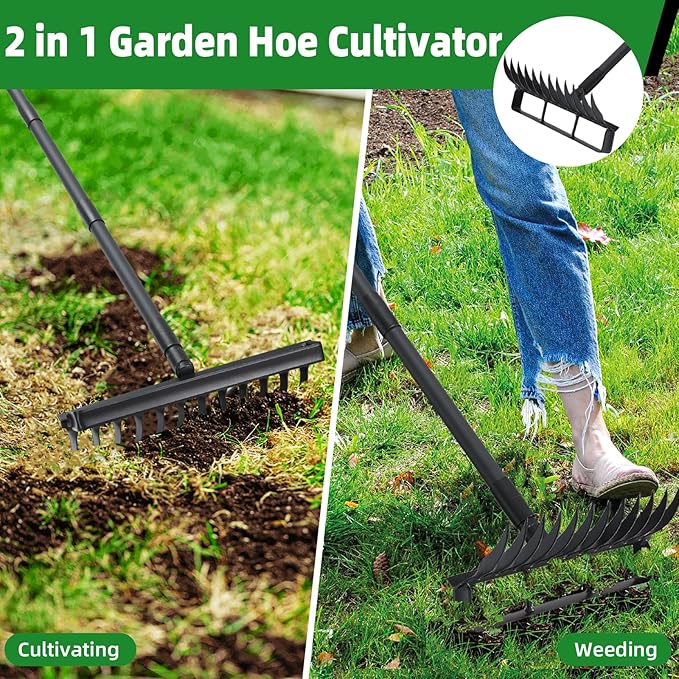 76.8" Hula Garden Hoe and 12 Tines Rake 2-in-1 Garden Tool for Weeding, Garden Cultivator with Adjustable Long Handle Heavy Duty Weed Puller Stirrup Hoe for Ditching, Seeding, Loosening Soil
