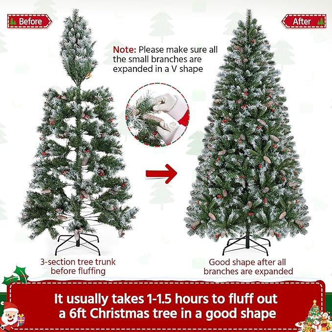 Yaheetech 6ft Pre-lit Frosted Artificial Hinged Christmas Tree with 818 Flocked PVC Tips,62 Pine Cones,62 Holly Berries & 250 Warm White Lights,Foldable Stand,Green