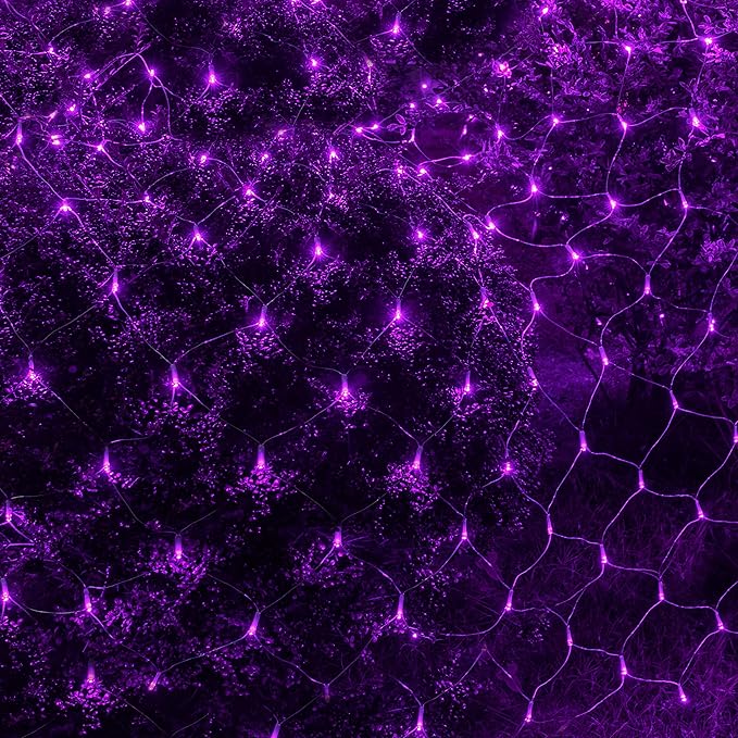 Dazzle Bright Halloween 200 LED Net Lights, 9.8 FT x 6.6 FT Connectable Mesh Lights Clear Wire with 8 Lighting Modes, Halloween Decorations for Indoor Outdoor Bush Yard Garden Decor (Purple)