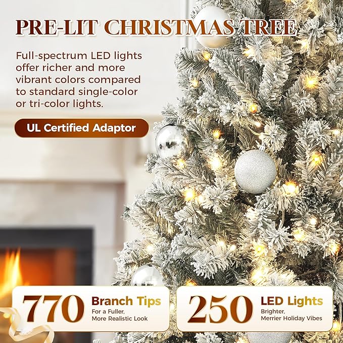 HOLLO STAR 6 ft Flocked Prelit Christmas Tree with 250 LED Lights, App Control, Skinny Artificial Pencil Christmas Tree, Multi-Color RGBW Lights, 770 Branch Tips, for Small Space, Home, Party